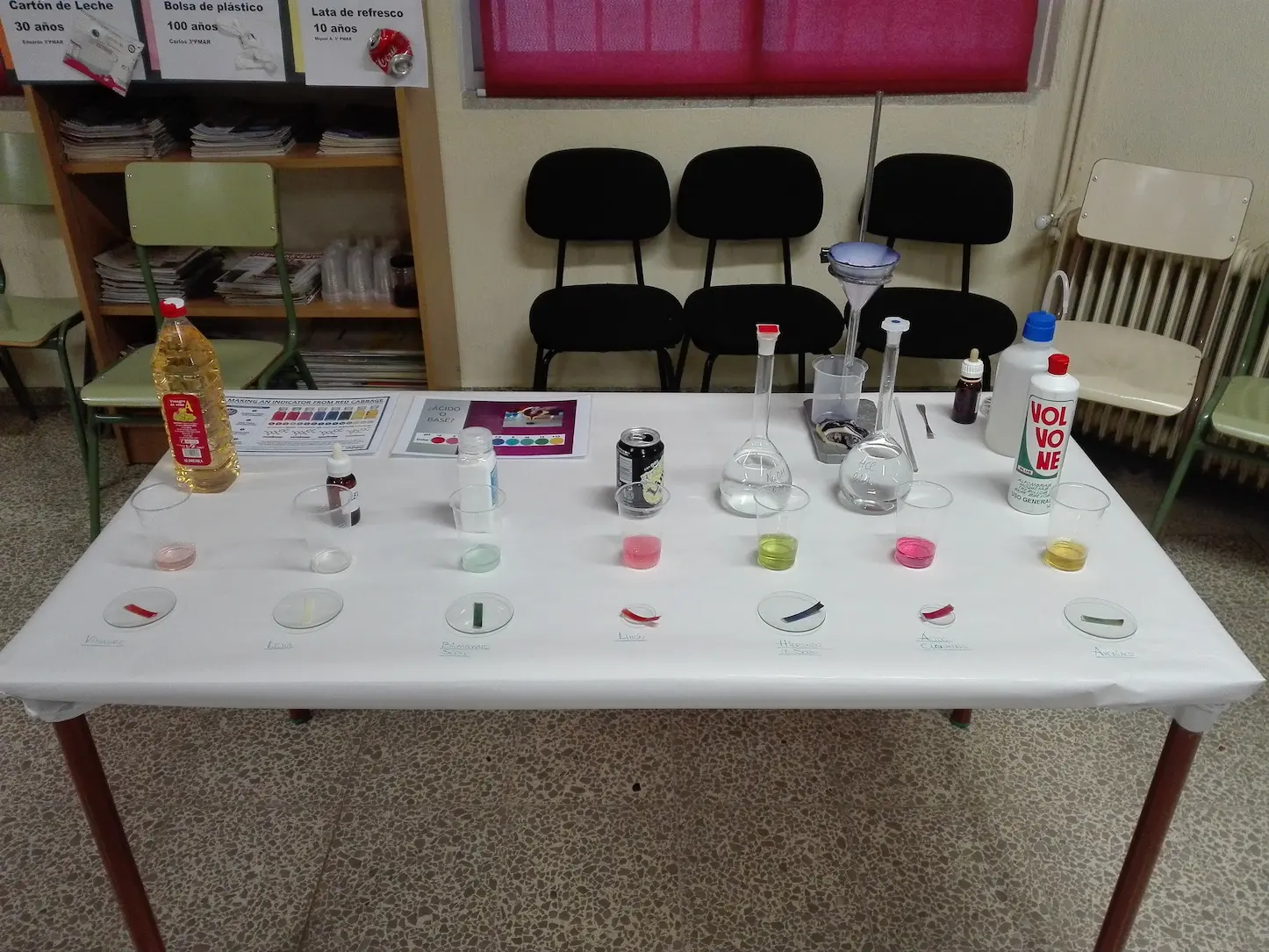 Fotografía de los resultados de las diferentes sustancias con el jugo de la lombarda.