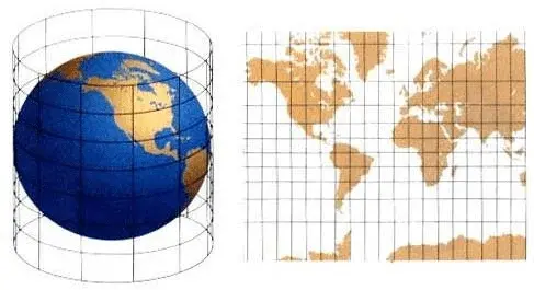 Imagen que muestra la Tierra como esfera y, al lado, representada en un mapamundi.