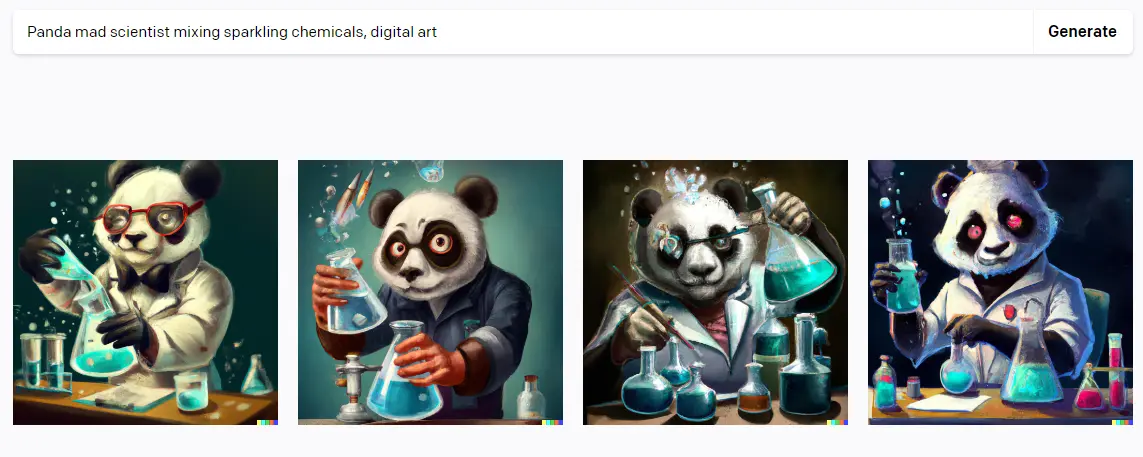 Imagen de los resultados al introducir en Dall·E 2 el siguiente prompt: "Panda científico loco mezclando compuestos químicos espumosos. Arte digital"